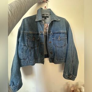 Forever 21, cropped denim jacket, “sunshine” rainbow embroidery, size S